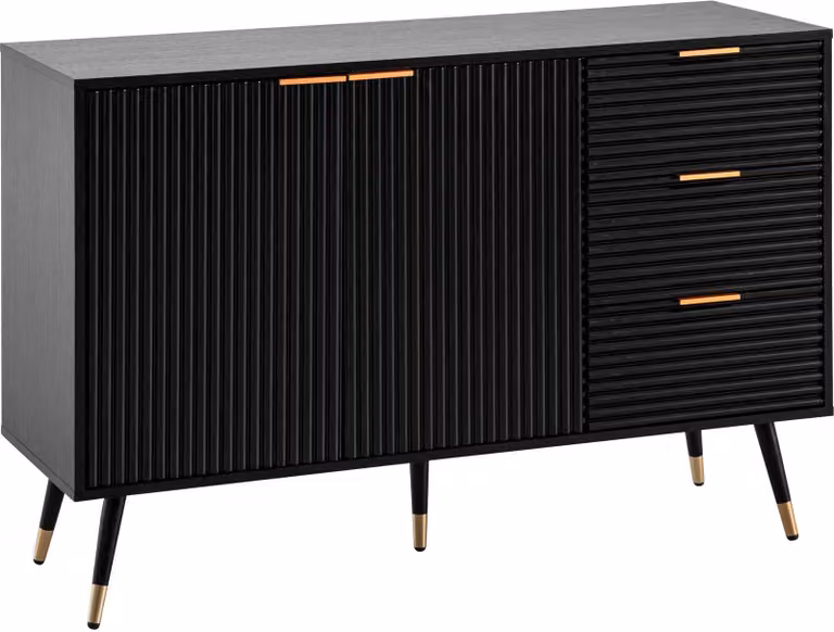 WOHNLING Credenza 120x80x40 cm Credenza nera con decorazione in rovere Comò con ante e cassetti Comò Armadio da ingresso Armadio moderno Armadio a colonna