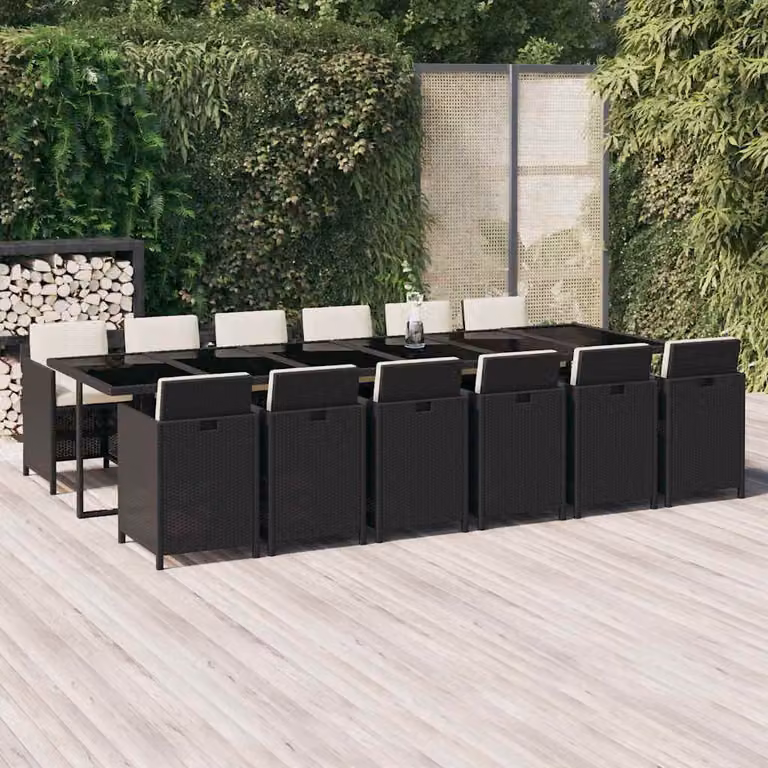 vidaXL Set da Pranzo per Giardino 13 pz in Polyrattan con Cuscini e Tavolo in Vetro Nero e Bianco