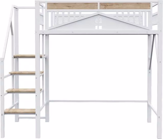 Letto a soppalco in metallo 140x200 cm con scala di sicurezza e ampio spazio contenitivo, bianco