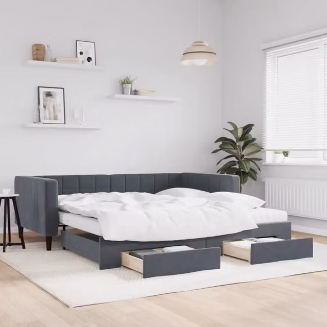Divano Letto Estraibile con Cassetti vidaXL in Velluto Grigio L: 100 cm, P: 200 cm – 1