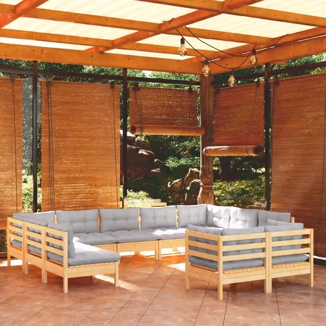 Set di Divani da Giardino a L vidaXL in Legno di Pino con Cuscini Grigi, 11 Pezzi