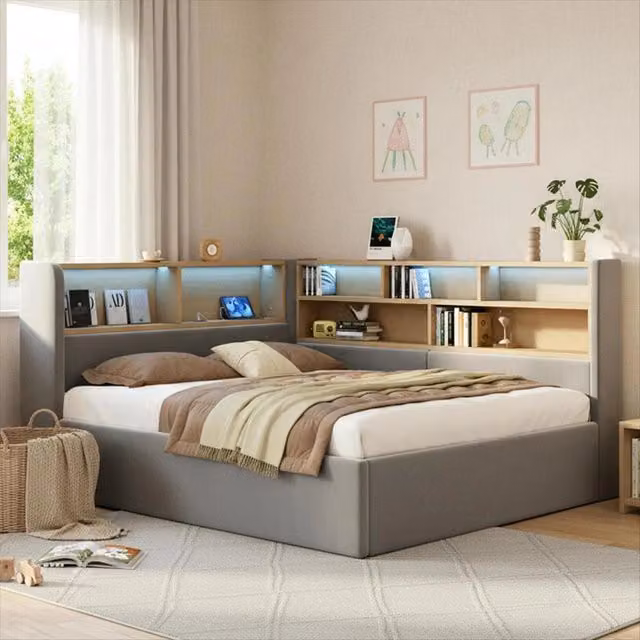 Divano letto con contenitore idraulico - Xylo - 140x200 cm - Grigio - LED, USB, velluto