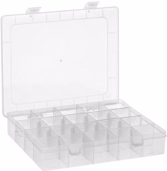 Contenitore di smistamento Unyqoos® con 20 scomparti, realizzato in polipropilene, dimensioni 20,8 x 16,9 x 4 cm, scomparti di 4 x 4 cm, con coperchio trasparente, ideale per perline e accessori per hobby creativi