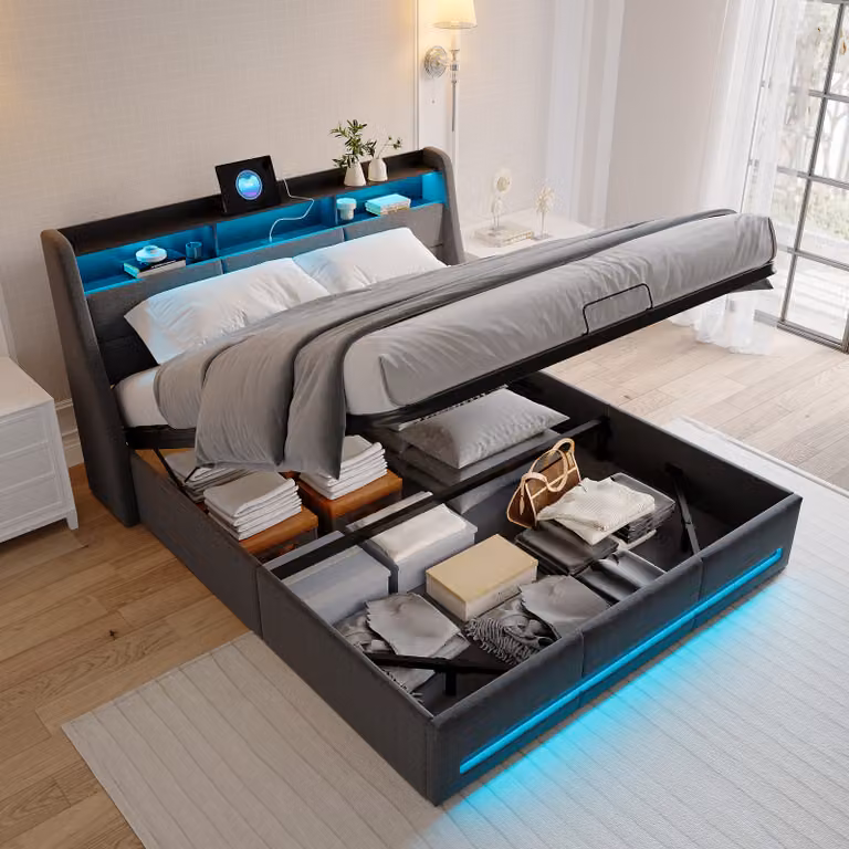 letto contenitore 160x200 cm con rete a doghe, connessione USB tipo C, illuminazione LED, rivestimento in lino, grigio