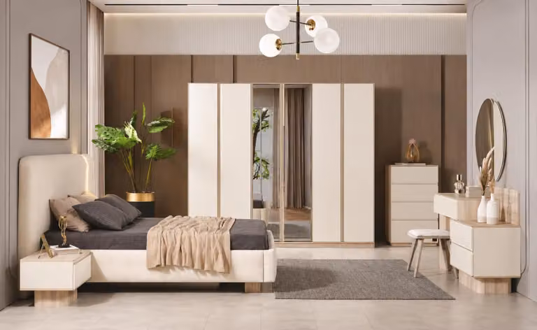 Letto matrimoniale, comodino, armadio, tavolino da trucco, bianco, moderno, nuovo
