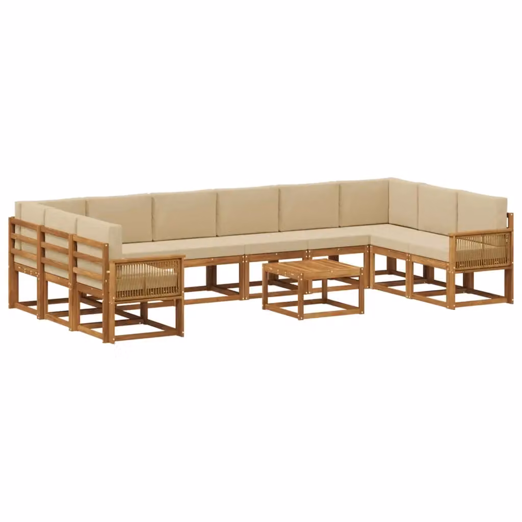 Set di divani da esterno vidaXL in legno di acacia con cuscini beige e marrone, 11 pezzi – 2