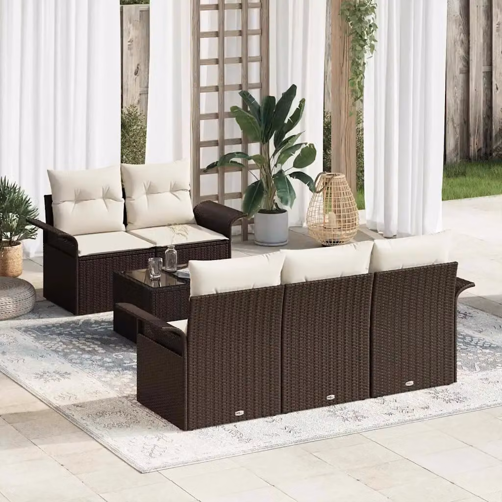 Set di divani da giardino vidaXL in rattan marrone con cuscini e tavolino da esterno – 1