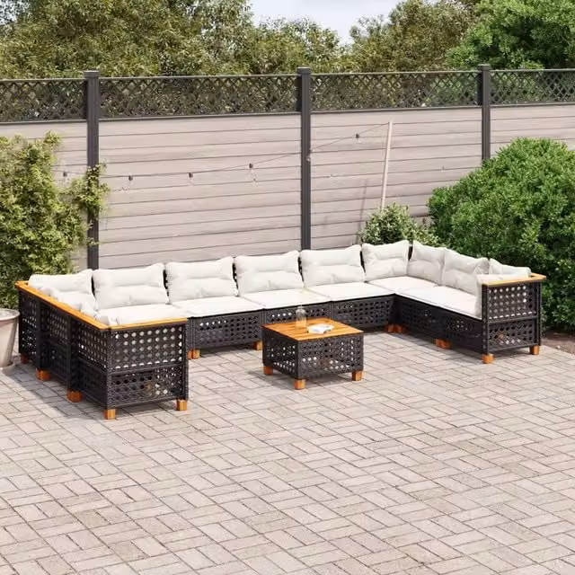 Set di Divani da Giardino a L vidaXL in Polyrattan Nero con Cuscini e Tavolino da 11 Pezzi – 1