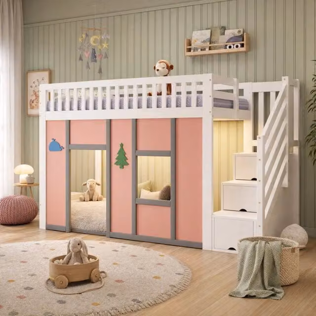 Letto a soppalco singolo REDOM per bambini con scala contenitore e scomparti laterali, Bianco e Rosa, L/P: 200 x 90 cm