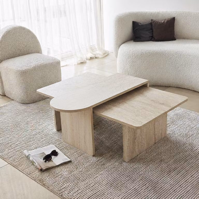 Skye Decor, set da tavolino di alta qualità (2 pezzi), bronzo e travertino, tavolino grande: 105 x 35 x 60 cm, tavolino piccolo: 82 x 40 x 33 cm | Pannello truciolare rivestito al 100% in melamina, spessore 18 mm | Design moderno per interni eleganti.