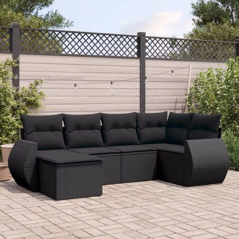 vidaXL Set Divano da Giardino a L 6 pz in Polyrattan Nero con Cuscini e Ottoman