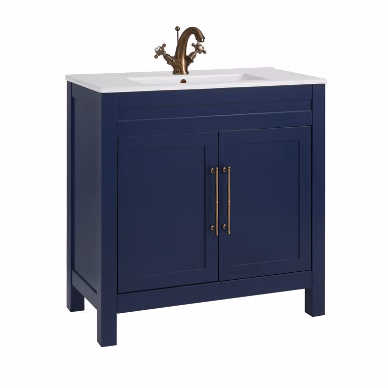 Mobile Bagno Blu Marino da 810mm con Lavabo e Maniglia Classica con Barra a T in in Rame Satinato - Warwick