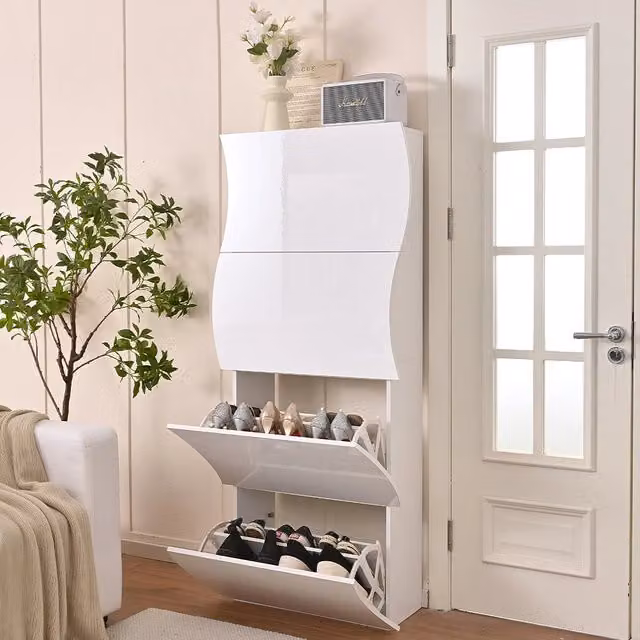Scarpiera da ingresso Shally Dogan ONDE in legno lucido bianco con 4 ante, L: 71 cm, P: 26.5 cm, H: 161 cm