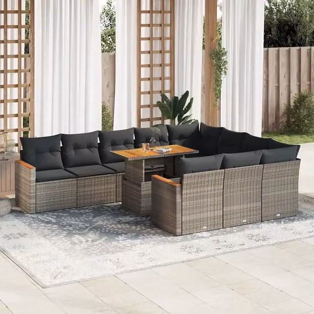 Set di divani da giardino vidaXL a forma di L composto da 11 pezzi con cuscini e tavolino, in polyrattan e legno di acacia color grigio – 1