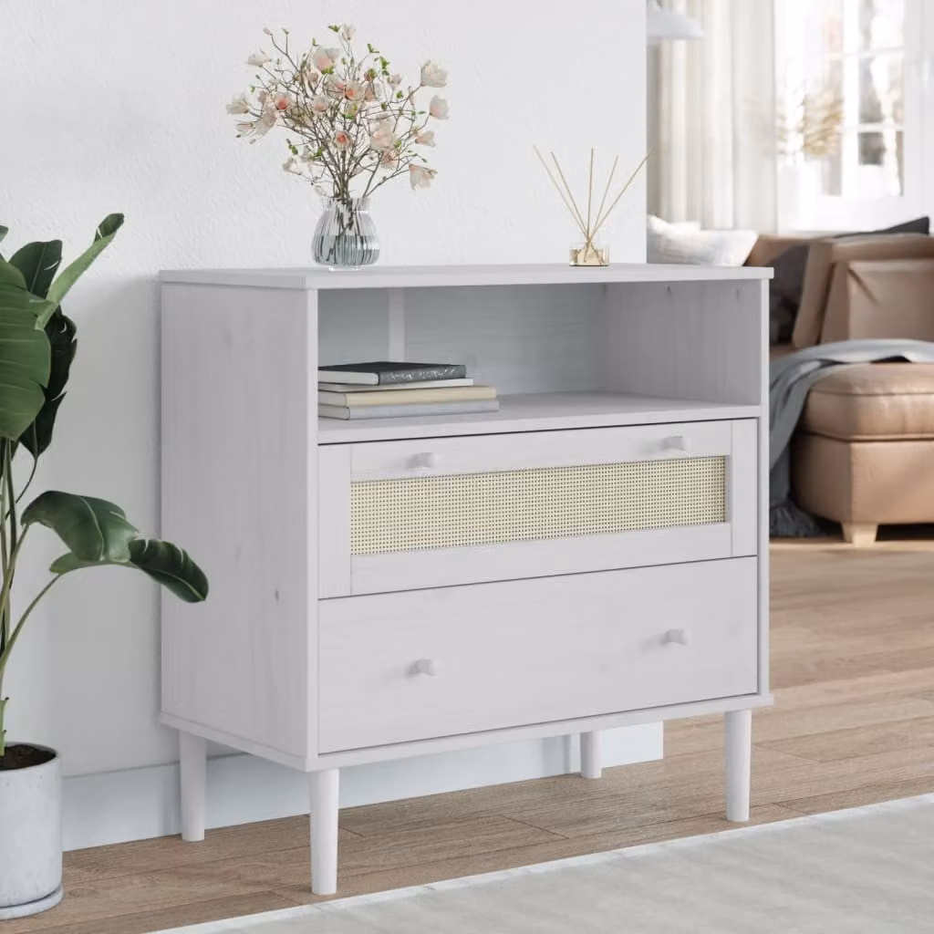 Credenza vidaXL SENJA in legno di pino massello con aspetto rattan, colore bianco, L 80 cm x P 40 cm x H 80 cm