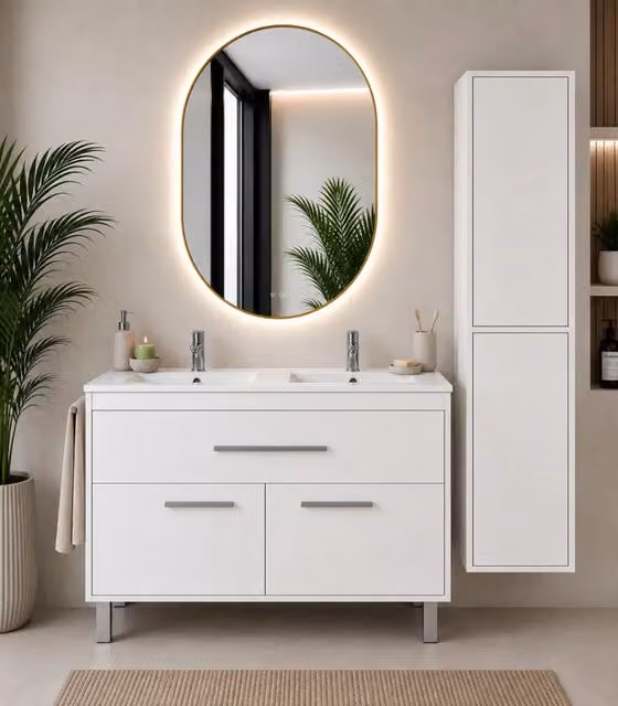 Mobile bagno con lavabo ORIGENBATH BAHIA senza specchio 120x45 cm doppio lavabo bianco con colonna