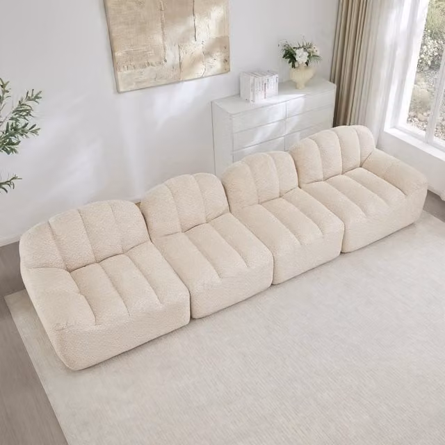 Divano angolare modulare MIVRAY in tessuto beige e bianco con seduta ampia per soggiorno