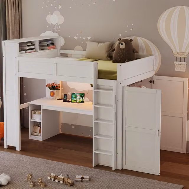 Desviae Letto a soppalco singolo 90 × 200 cm con scrivania armadio ripiani LED USB rete a doghe in legno bianco