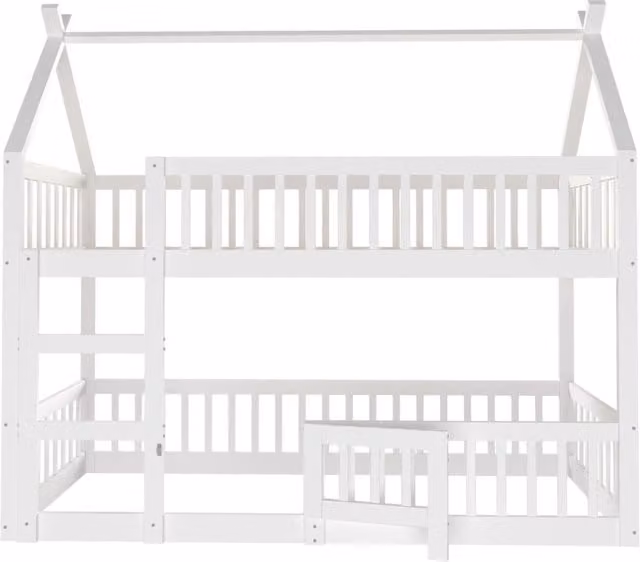Letto a castello per bambini 90x200 cm in legno massiccio bianco con scala, design a soppalco