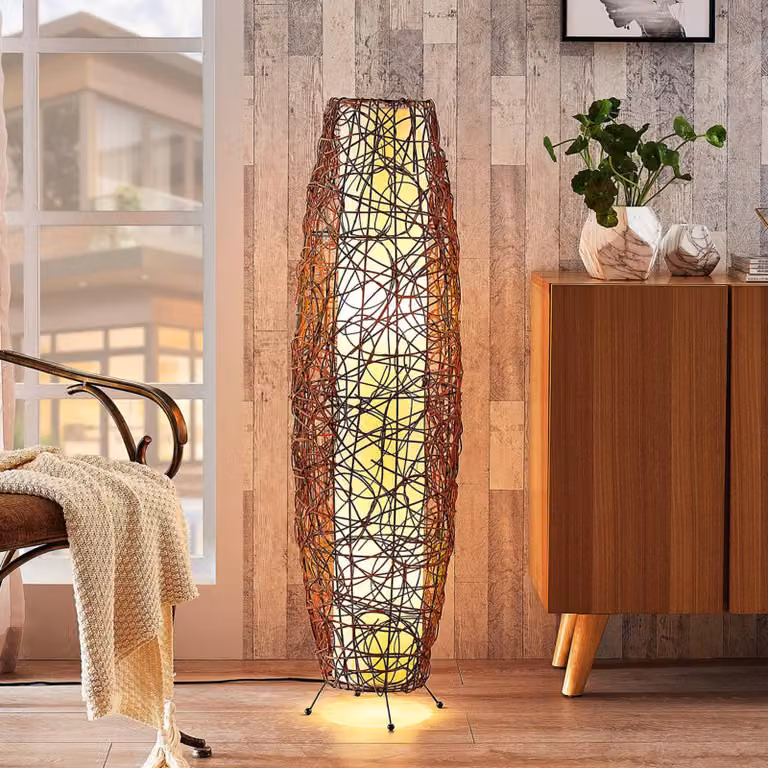 Lampada da terra Nias Lindby, Marrone / Ruggine, Soggiorno / Sala da pranzo, Legno, Moderno, Lampada da terra