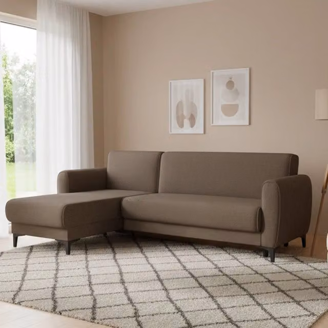 Divano letto ad angolo Aber DMORA con penisola reversibile e contenitore, modello moderno in tessuto marrone, L 230 cm x H 85 cm – 1