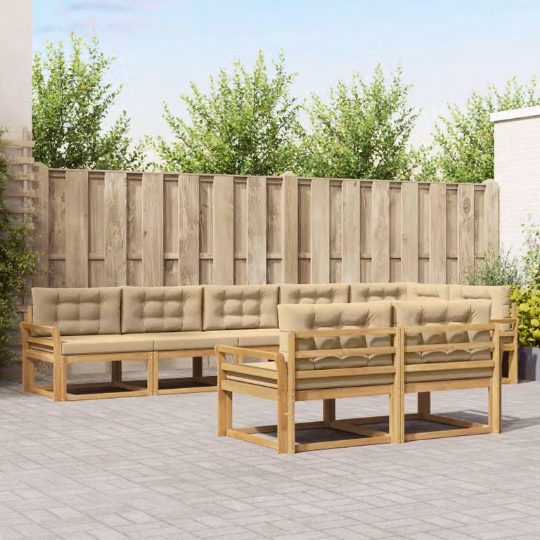 vidaXL Set di divani da esterno a L composto da 6 pezzi in legno di acacia con cuscini, Bianco, Beige e Marrone