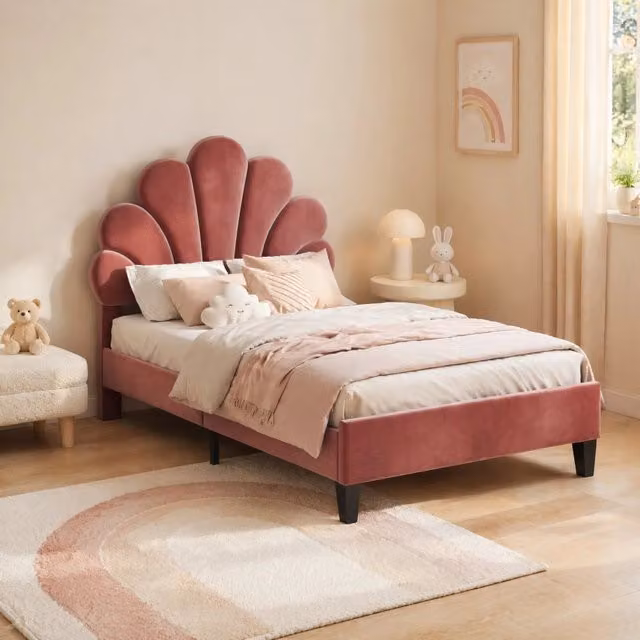 Letto imbottito per bambini 90x200 cm con testiera a forma di fiore in velluto rosso baccello e rete a doghe