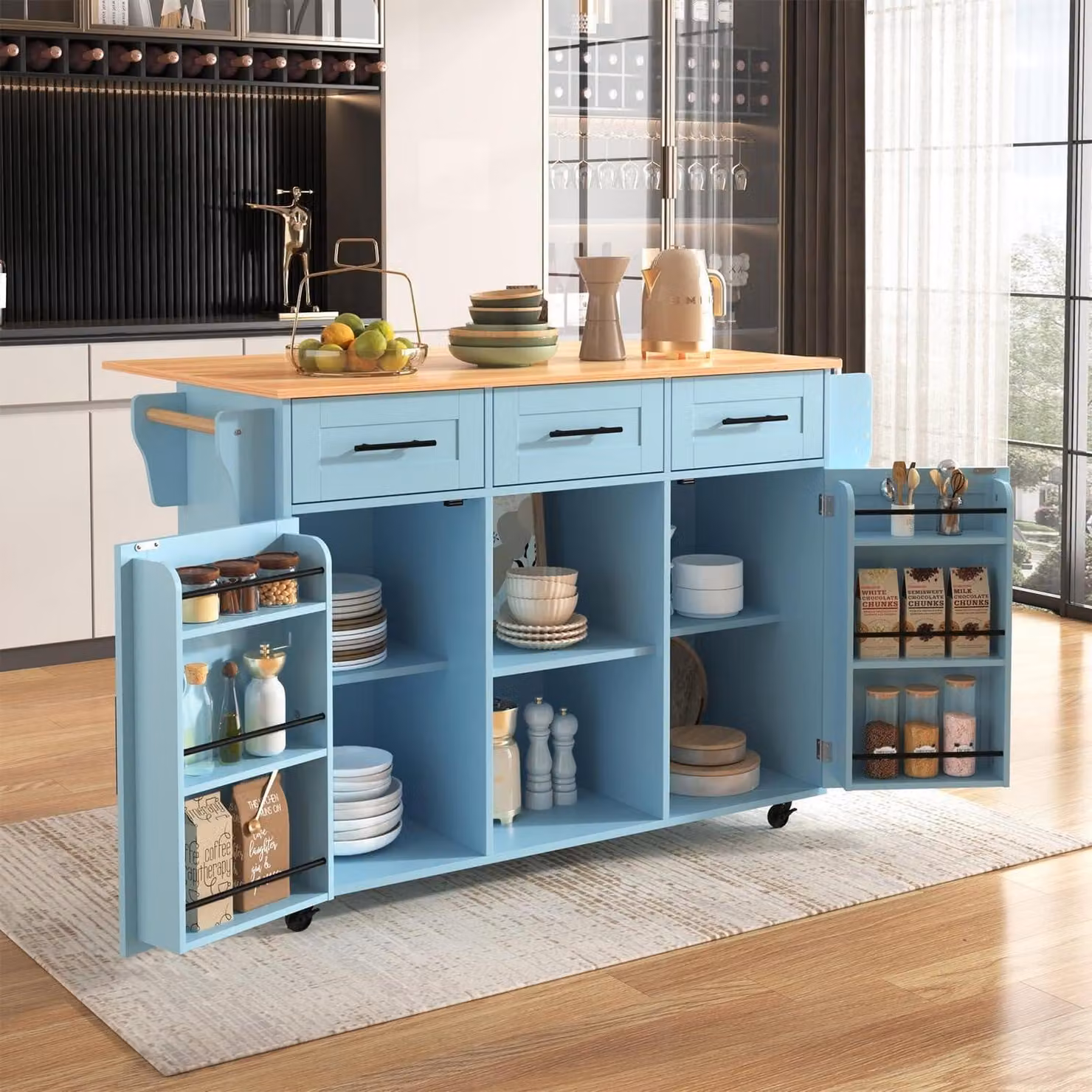Isola da cucina autoportante con piano di lavoro pieghevole, 5 ruote, 3 cassetti, colore blu, dimensioni 139x46(71)x91,5 cm