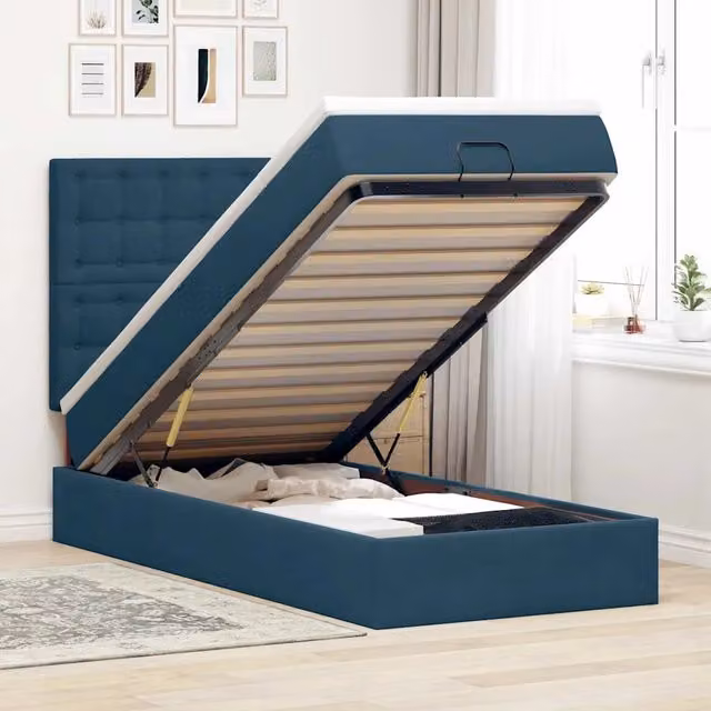 Letto con contenitore a sollevamento vidaXL in velluto blu e bianco, L/P/H: 203 x 140 x 100 cm