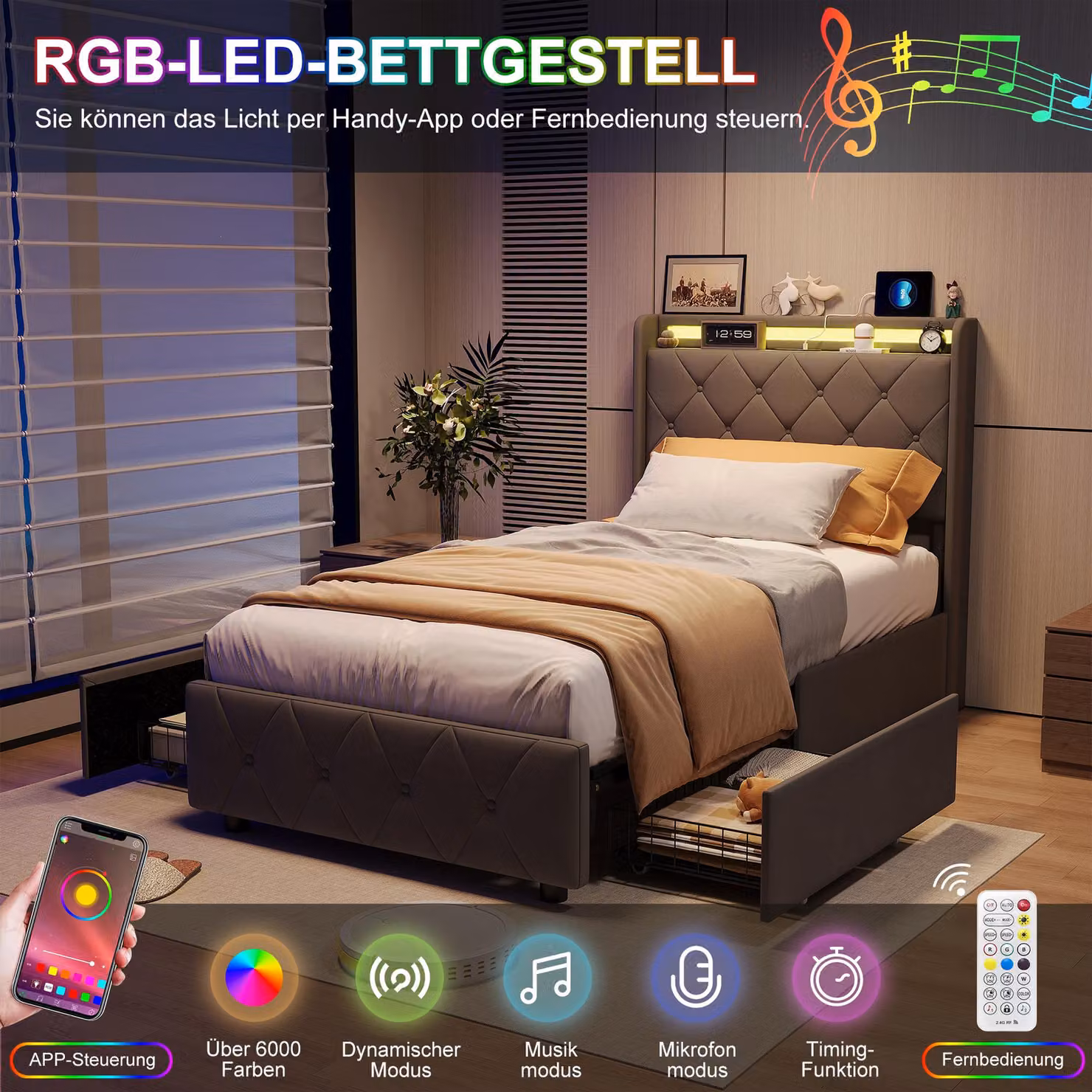 UnboxG: elegante letto imbottito 90x200 cm in flanella grigia con 4 cassetti, illuminazione LED RGB, stazione di ricarica integrata (USB e Type-C) e design con bordatura a bottoni – letto con contenitore per camera da letto e camera dei ragazzi