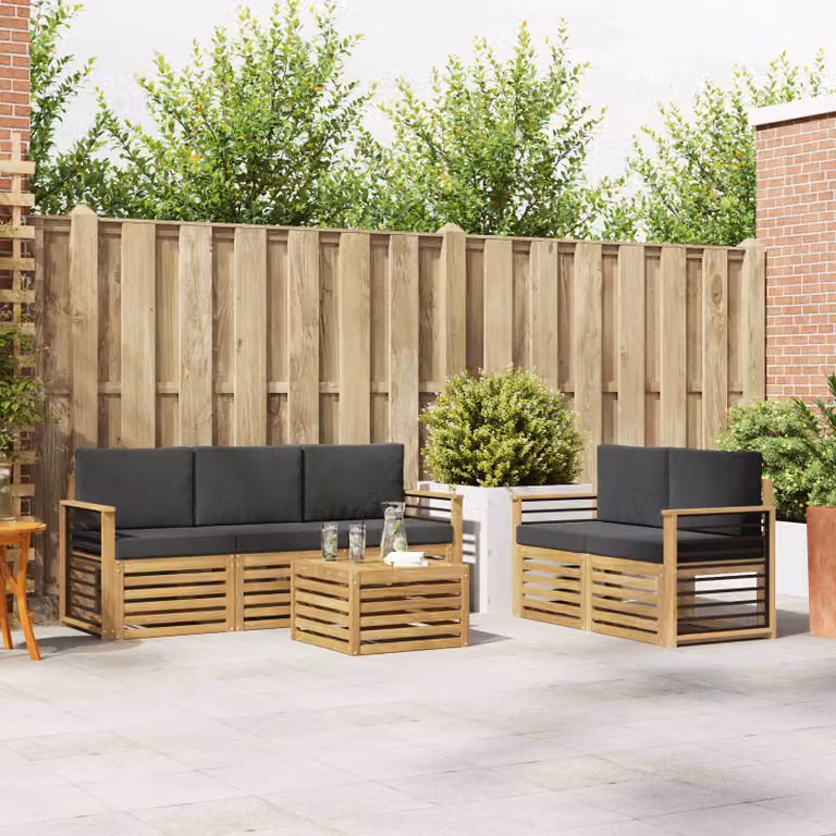 Set di divani da esterno vidaXL a forma di L con tavolo da caffè, composto da 6 pezzi in legno di acacia trattato e tessuto, colore bianco e antracite