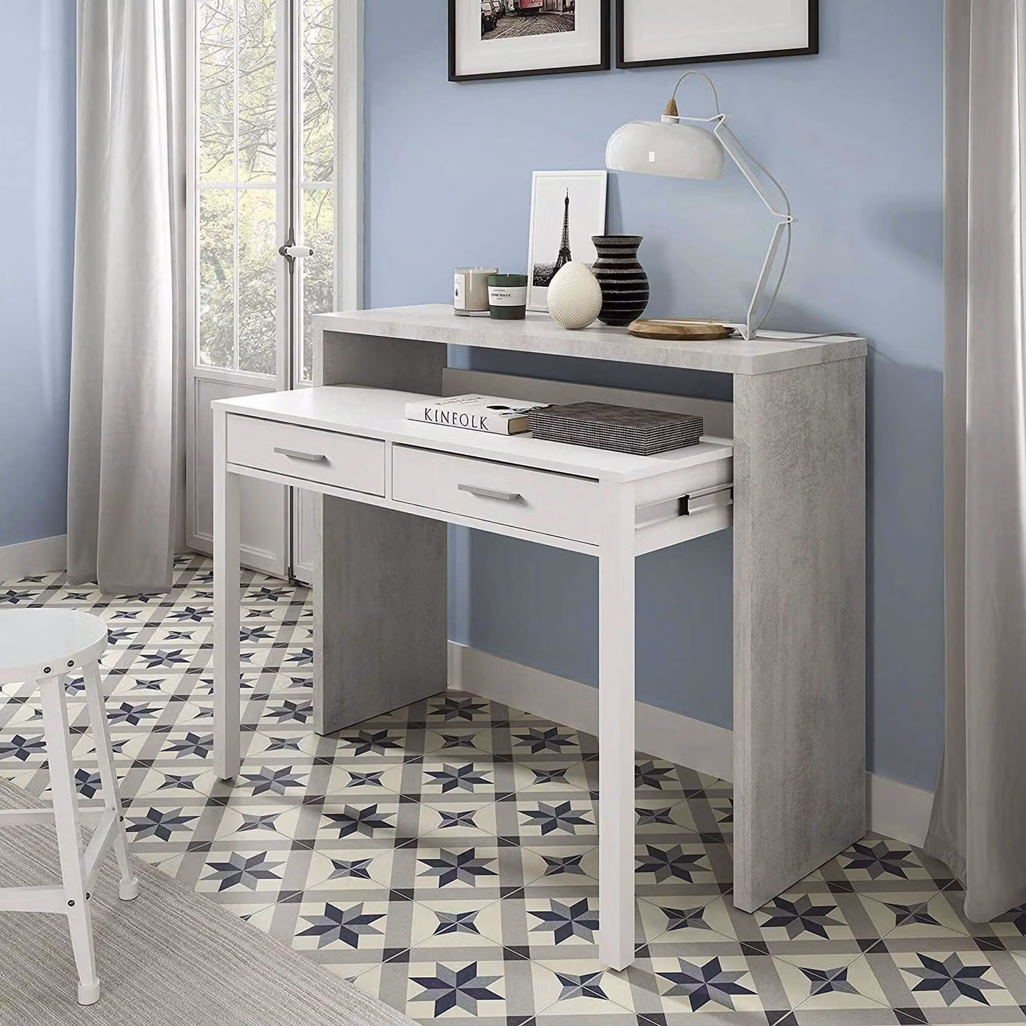 Dmora Scrivania Andriy 36x98.5x87.5h cm Bianco, 2 Cassetti Materiale Piano in Legno Nobilitato