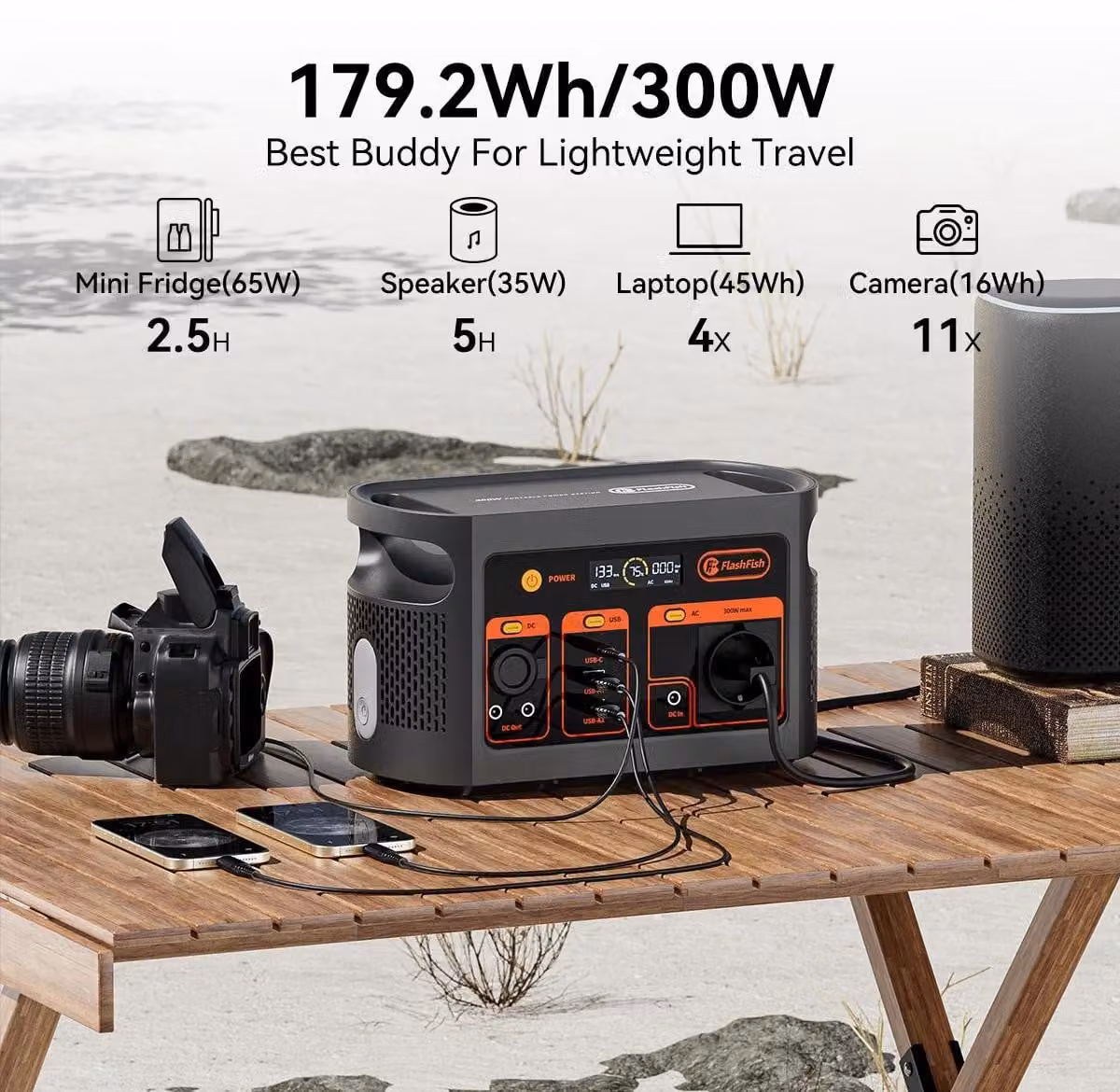 E103 - Stazione di ricarica portatile - 300 W - 179,2 Wh LiFePO4 - Presa UE - Campeggio e alimentazione di emergenza
