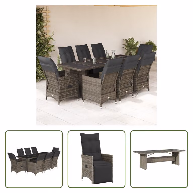 The Living Store Set bistrot da giardino 9 pezzi con cuscini in poly rattan grigio