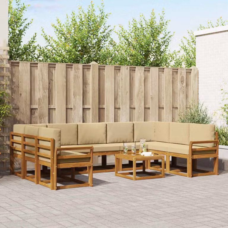 Set di divani da esterno vidaXL a forma di U in legno di acacia con cuscini, Beige e Marrone