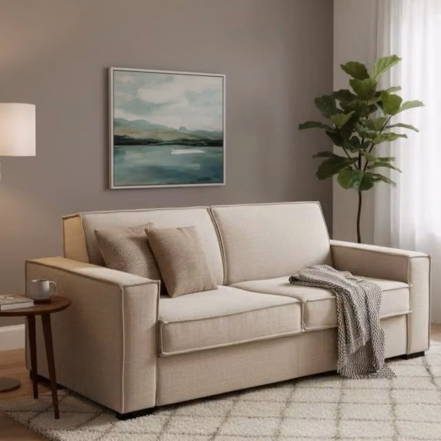 Divano Letto Alk Talamo Italia, Divano a 2 posti con apertura girevole e braccioli slim, in tessuto beige, L: 160 cm, P: 95 cm, H: 90 cm – 1