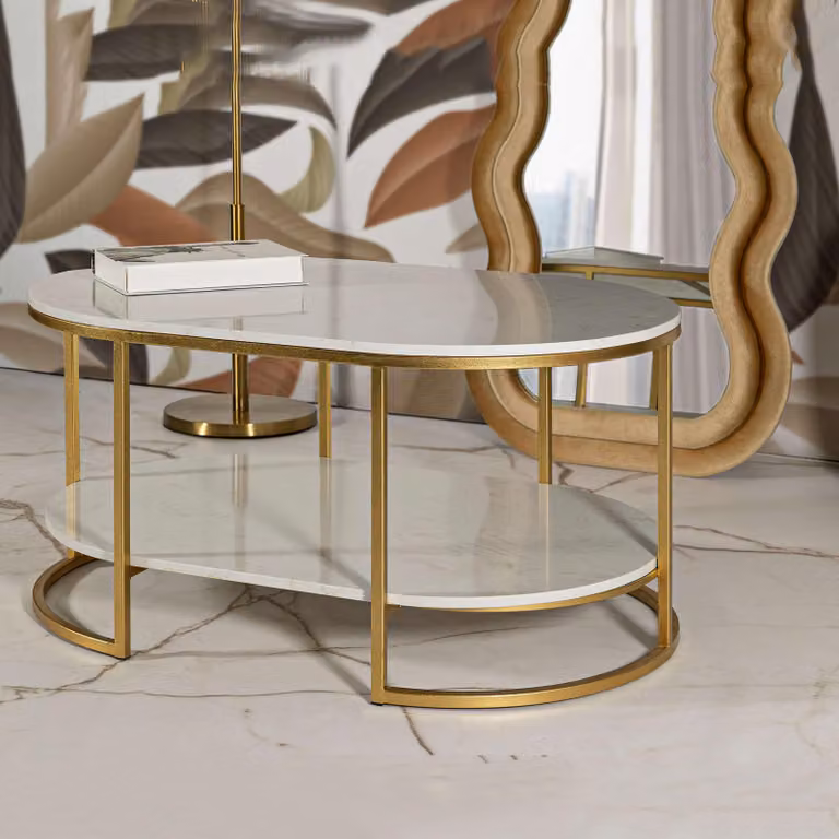 Bafarane - Tavolino da Salotto, 90x60x45h cm Bianco Marmo, Forma Ovale
