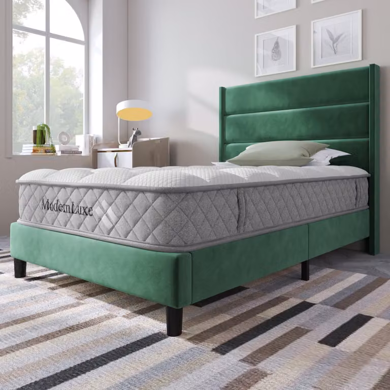 Letto imbottito 90 x 200 cm, struttura del letto con rete a doghe e testiera, letto matrimoniale imbottito, rivestimento in tessuto velluto color verde scuro, design moderno e senza tempo
