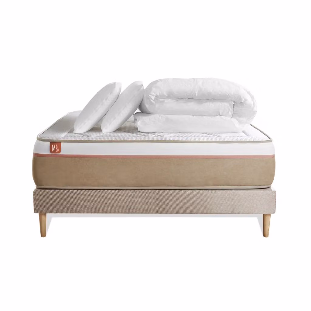 Pacchetto letto completo Le Soyeux con materasso ibrido, box spring con doghe, 2 cuscini e piumino, colore beige, L/P: 160 x 200 cm – 2