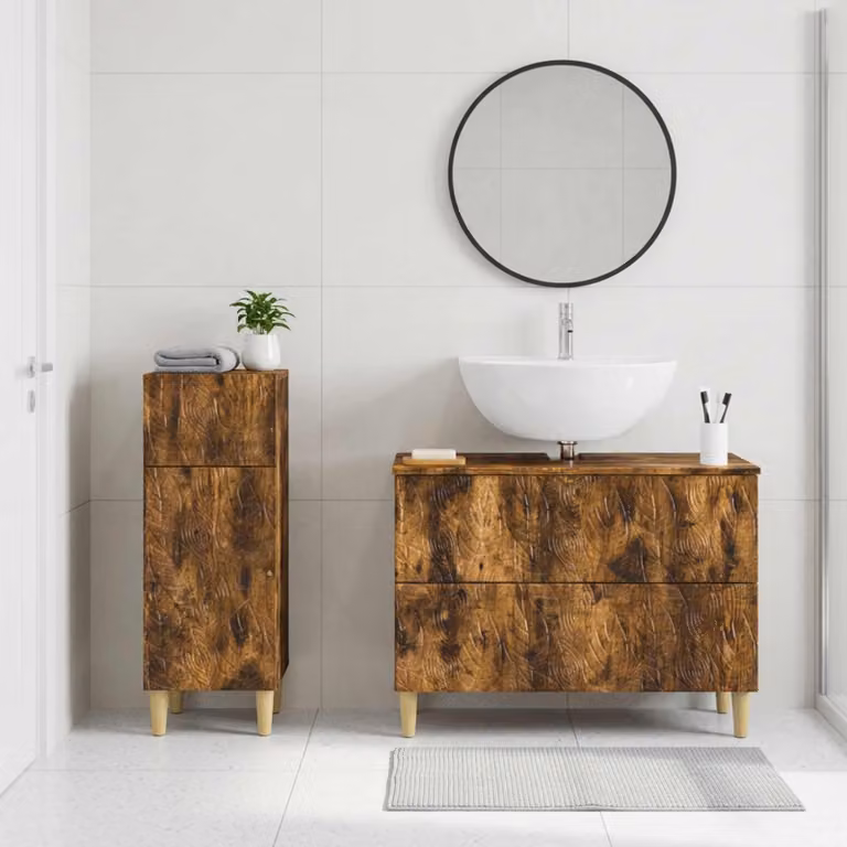 Set di mobili da bagno vidaXL DELFT composto da 2 pezzi in legno Rovere Fumo, con mobile sottolavabo e armadietto laterale freestanding, colore marrone