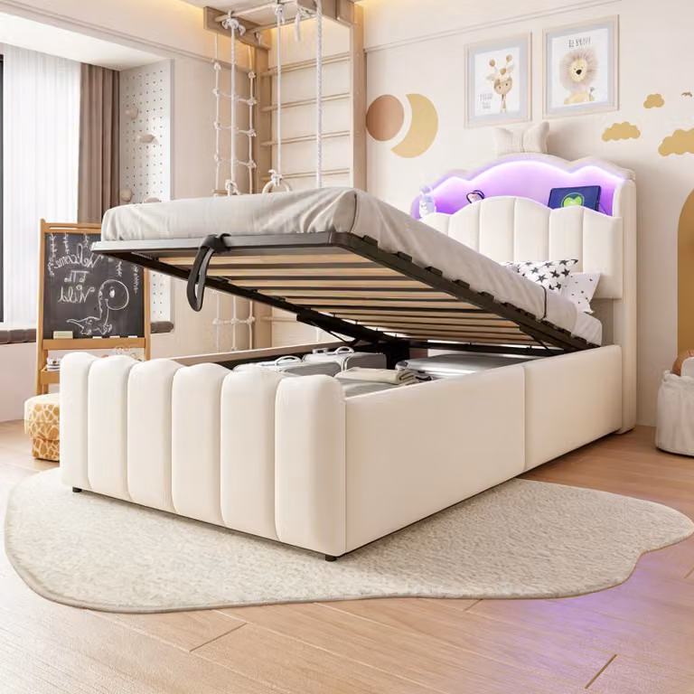 Letto imbottito Merax 90x200 cm con luci LED a cambio di colore, letto per bambini con spazio contenitore ad apertura idraulica, letto in velluto con prese USB e spazio contenitore nella testiera, color beige