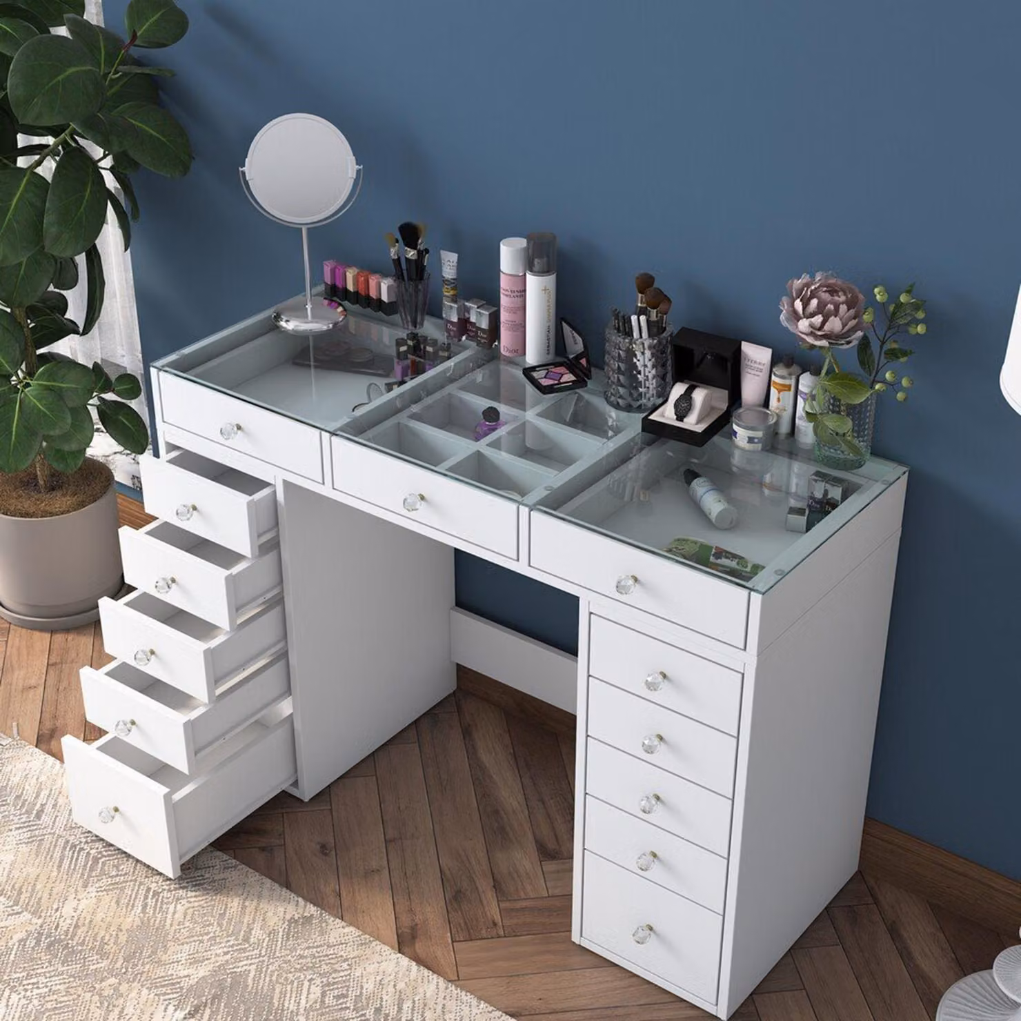Dmora Cassettiera Aldara 44.5x120x79.8h cm Bianco, 13 Cassetti Apertura Scorrevole