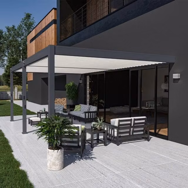 Pergola bioclimatica addossata Ombréa VS bicolore con 2 tende bianche L: 6 m, P: 4 m, H: 2,57 m – 1