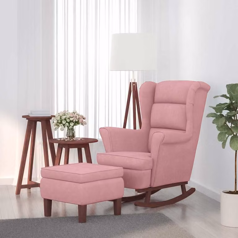 Sedia a dondolo con schienale alto in velluto rosso vino e pouf vidaXL con struttura in legno massiccio