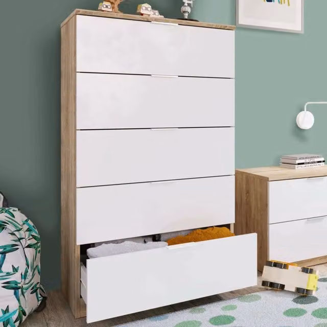 Cassettiera Armenia DMORA con 5 cassetti per camera da letto, stile moderno, L: 60 cm, P: 40 cm, H: 110 cm, Rovere e Bianco