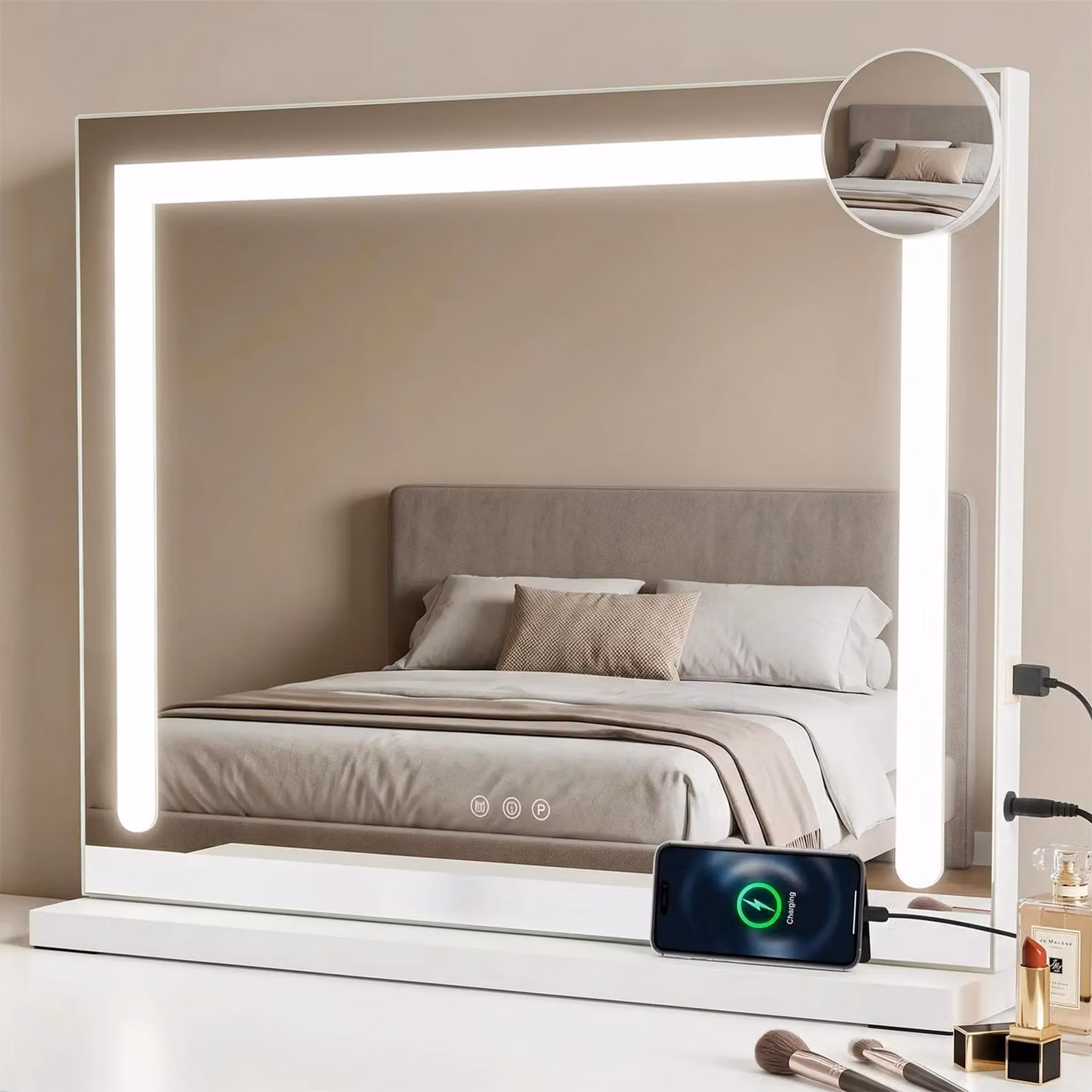 ZMH Specchio cosmetico con illuminazione 58 x 46 cm Specchio da toeletta con luce Touch LED dimmerabile 3 modalità di illuminazione colorata Specchio con ingrandimento 5x per camera da letto