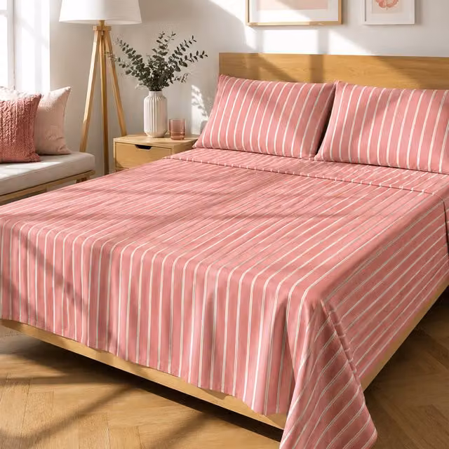 Completo letto matrimoniale KASANOVA a righe corallo e rosa, cotone e poliestere, 180x200 cm