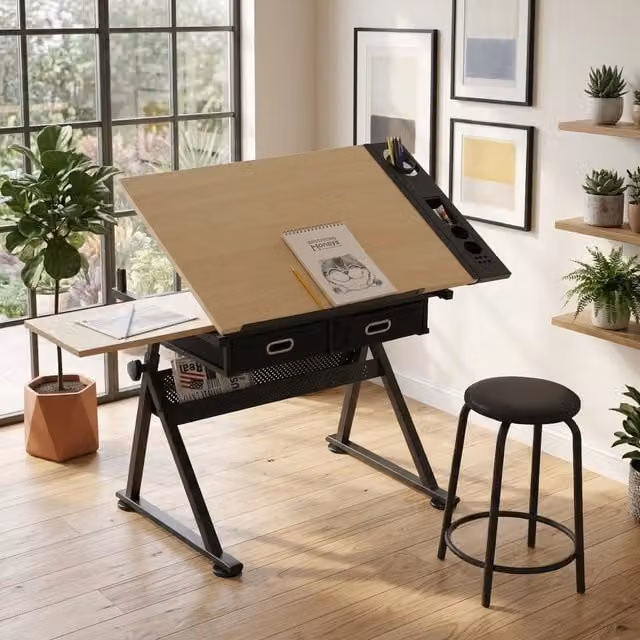Desviae Scrivania lineare regolabile con piano inclinabile e sgabello in MDF e metallo colore acero per casa e studio