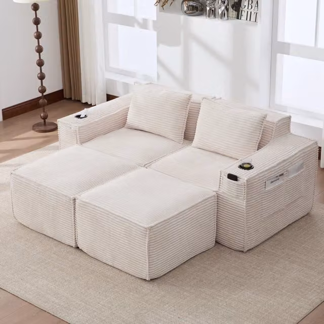 Divano modulare 2 posti in tessuto a coste con portabicchieri e tasche laterali beige 188 × 162 × 75 cm