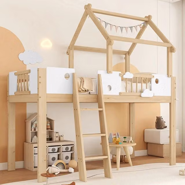 Letto a Castello Bambini con Tetto – Xylo – 90x200cm, Protezione Anti-Caduta, Scala Inclinata 3 Gradini, Bianco/Naturale